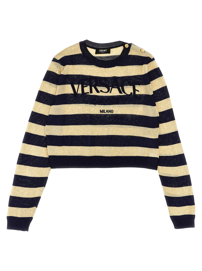 Versace Kids Lurex Striped Sweater With Logo Embroidery