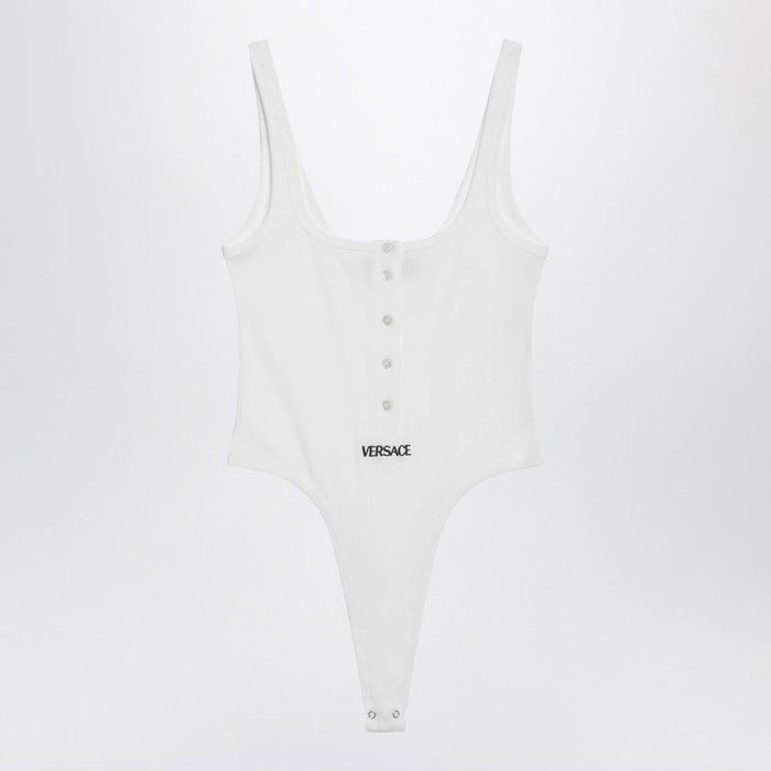 Versace White Highcut Bodysuit With Embroidered Logo