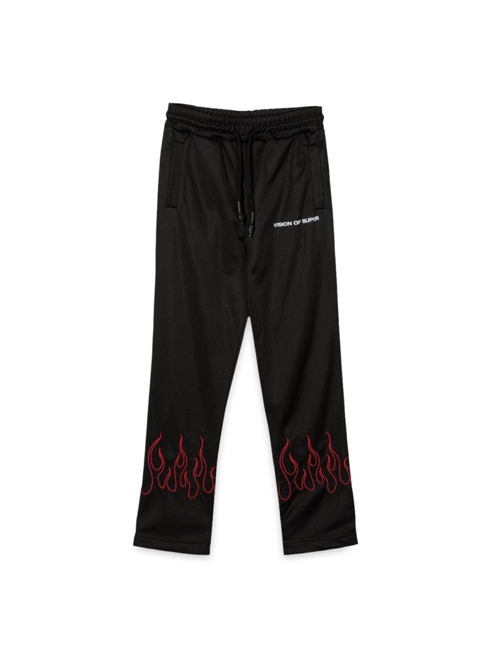 Vision Of Super Black Pants With Red Embroidered Flames