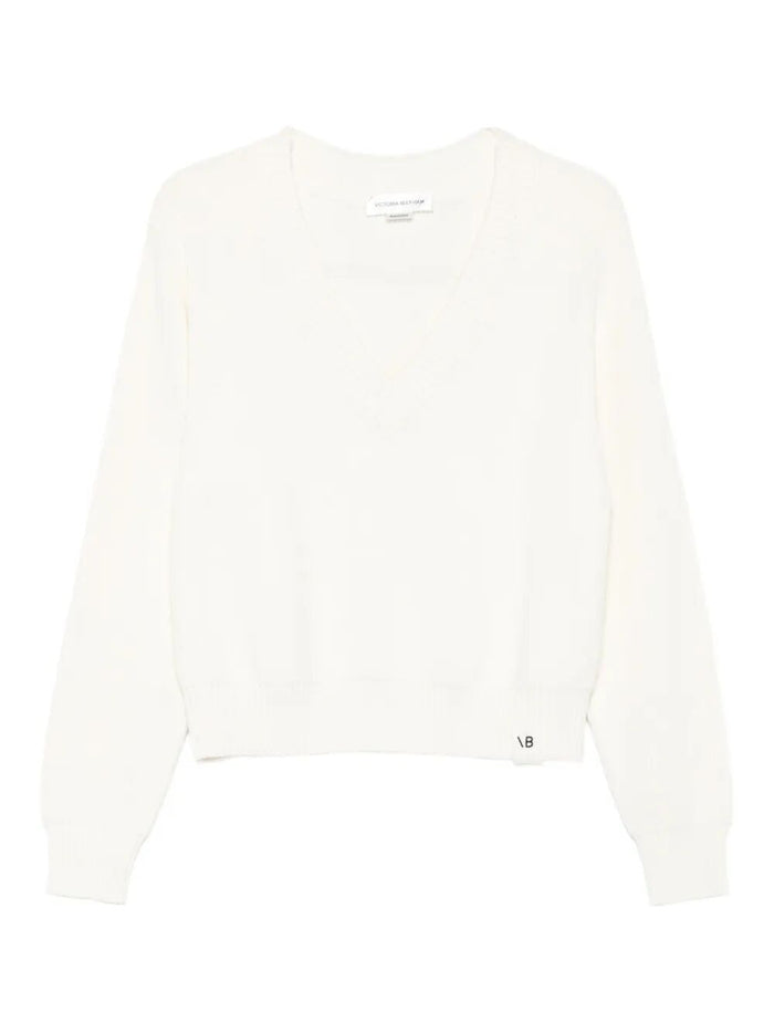Victoria Beckham Relaxed Fit V-Neck Cotton Blend Sweater