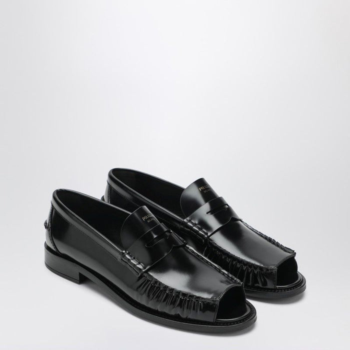 Prada Black Brushed Leather Peeptoe Loafers