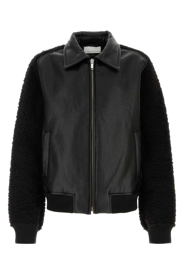 Random Identities Men Faux Shearling Leather Bomber Jacket Woven