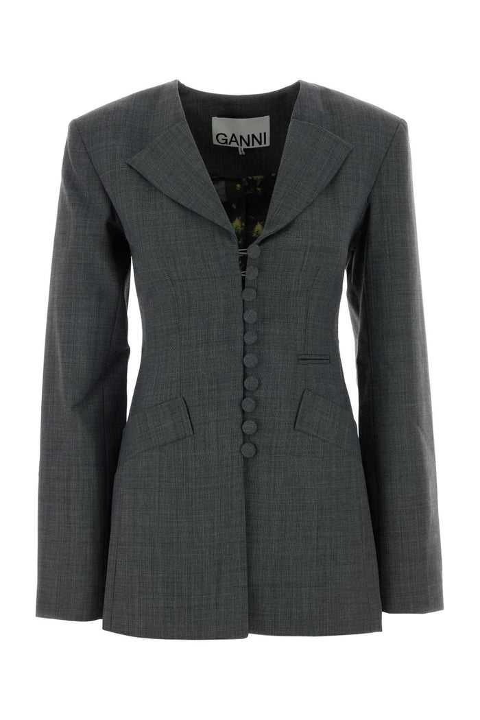 Ganni Wool Melange Suiting Long Button Blazer