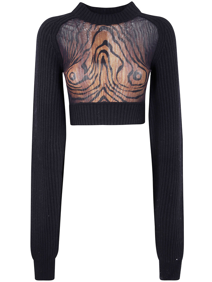 Jean Paul Gaultier Lambswool Ribbed Long Sleeves Cropped Sweater With Printed Mesh Cut Out Details