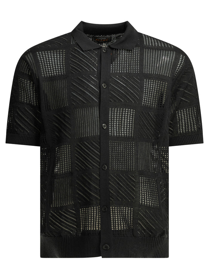 Beams Plus Black Cotton Nylon Spandex Textured Knit Button-Down Polo Shirt