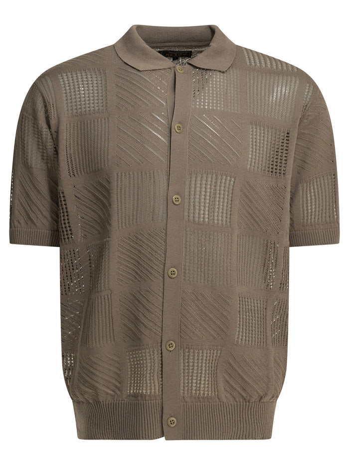 Beams Plus Brown Cotton Nylon Spandex Textured Knit Button-Down Polo Shirt
