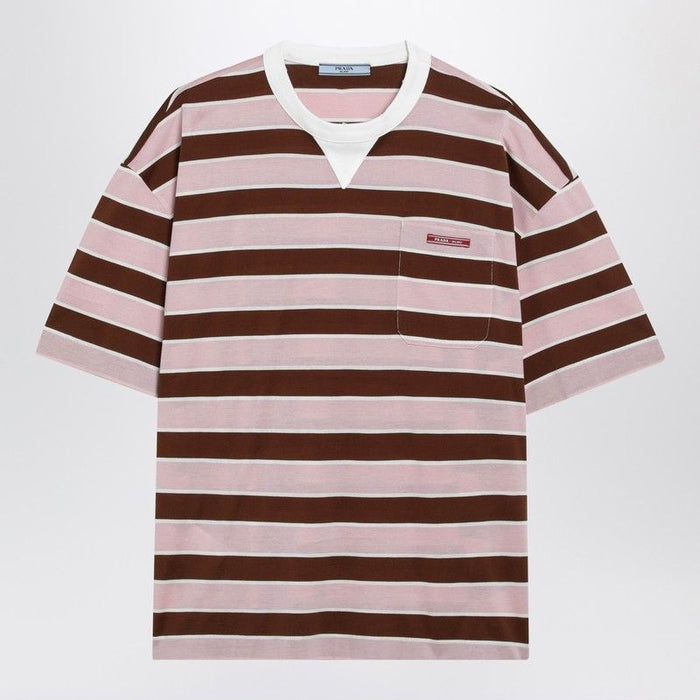 Prada Tshirt In Cotone A Righe Rosa/Tabacco