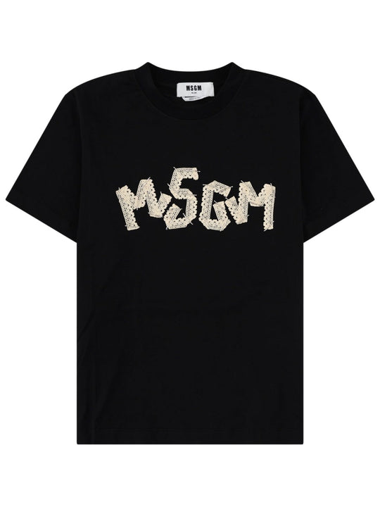 Msgm T-Shirt Con Logo Ricamato In Pizzo