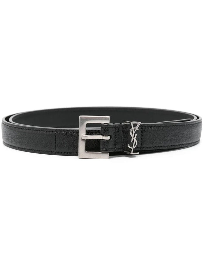 Saint Laurent Squared Buckle Smooth Leather Cassandre Thin Belt
