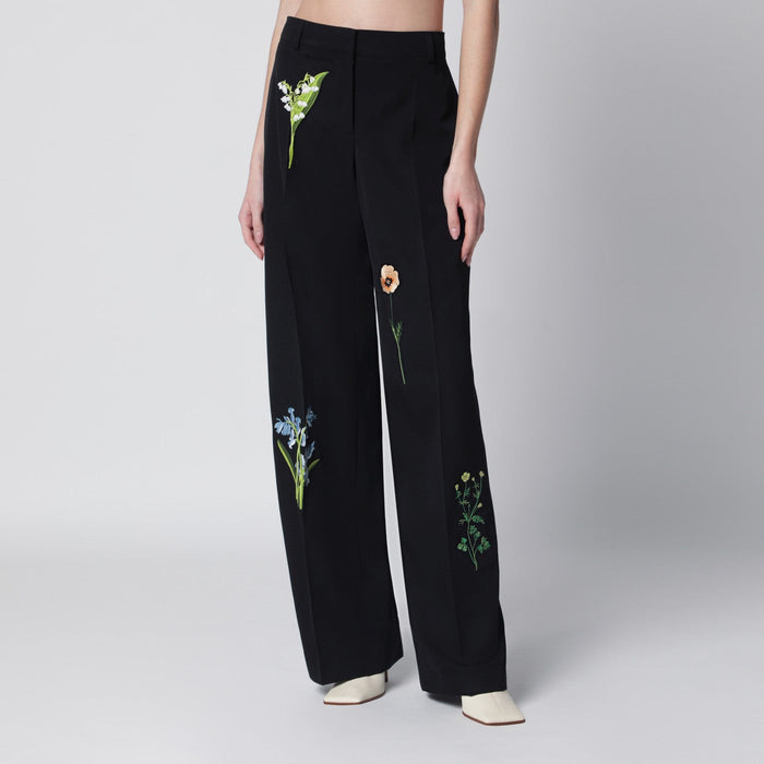 Stella Mccartney Black Wool Trousers With Floral Embroidery