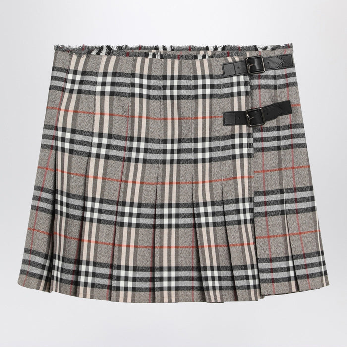 Burberry Grey Wool Kilt Skirt With Check Pattern