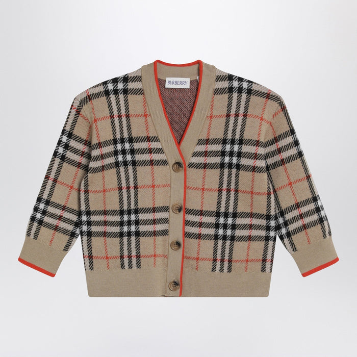 Burberry Beige Wool Cardigan With Check Motif