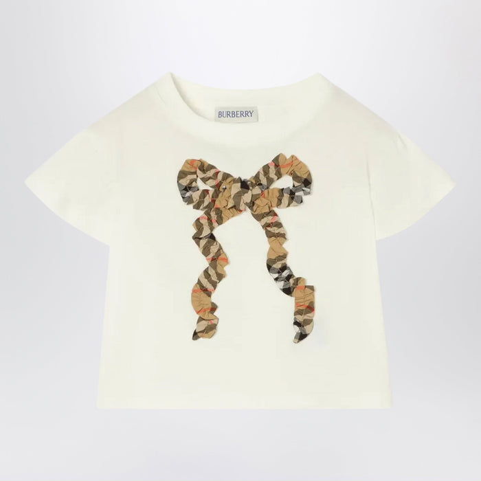 Burberry Chalk White T-Shirt With Bow With Checked Pattern