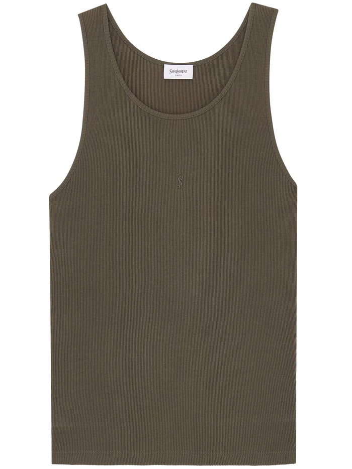 Saint Laurent Kaki Cotton Logo Ribbed Top