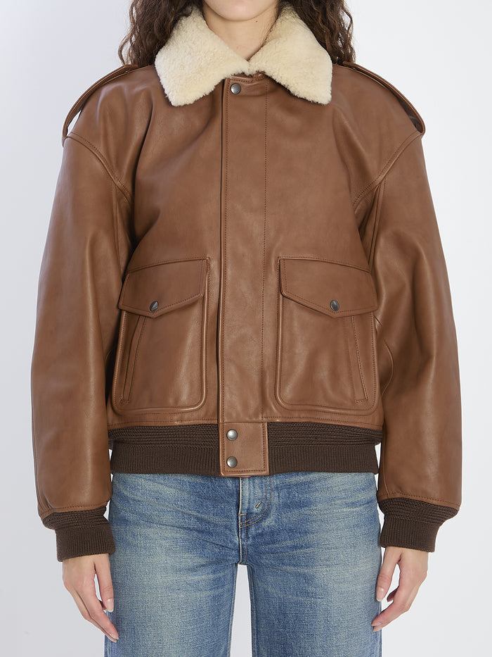 Saint Laurent Ribbed Bomber Jacket With Shearling Collar