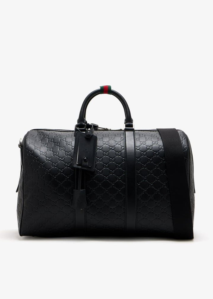 Gucci Black Leather Emblem Travel Bag