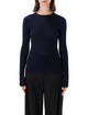 Balenciaga Crafted In Italy From 100% Premium Wool, This Balenciaga Women's Ribbed-Knit Sweater In A Striking Blue Shade (8065) Features A Sleek Slim-Fit Silhouette, A Timeless Crewneck, Long Sleeves, A