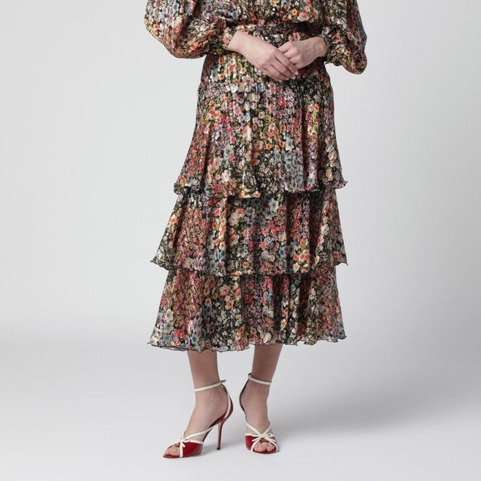 Valentino Silk Tiered Skirt With Floral Print