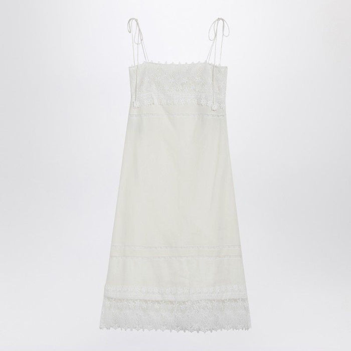 Valentino Natural Linen Straps Dress With Lace