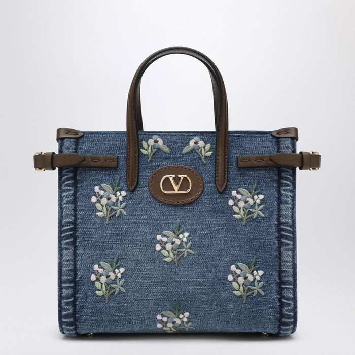 Valentino Garavani Antibes Small Embroidered Denim Shopping Bag In Blue