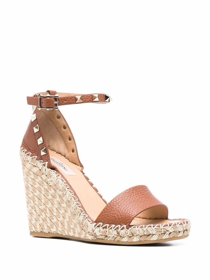 Valentino Garavani Rockstud Brown Sandal With Gold Wedge