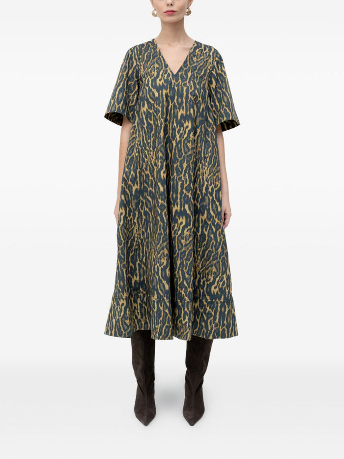 Ganni Leopard Print A-Line Dress V-Neck