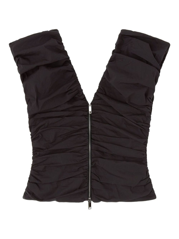 Ganni Black Sleeveless Top V-Neck Silver Zip