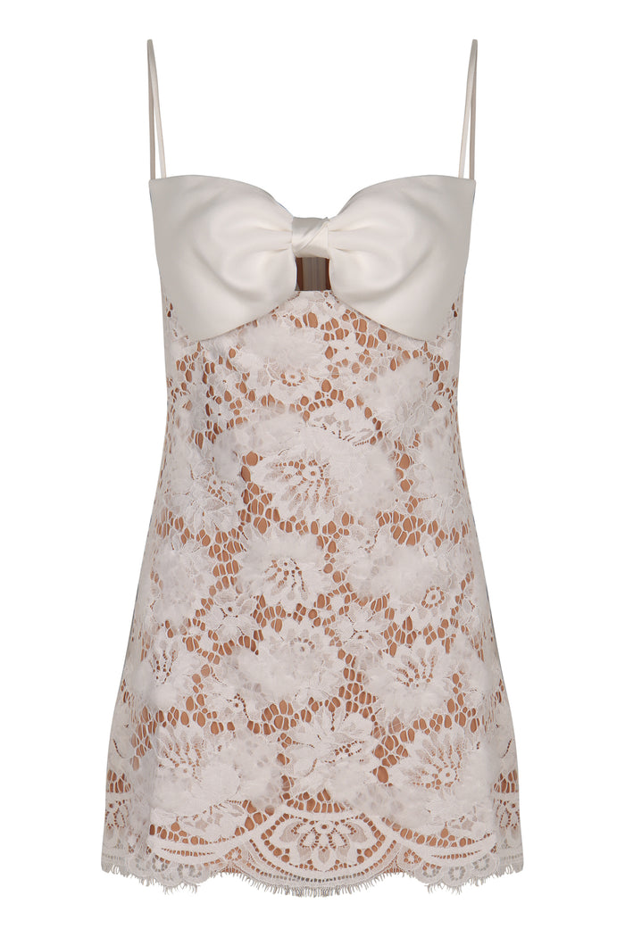 Self-Portrait Self-Portrait White Lace Mini Dress With Oversized Satin Bow