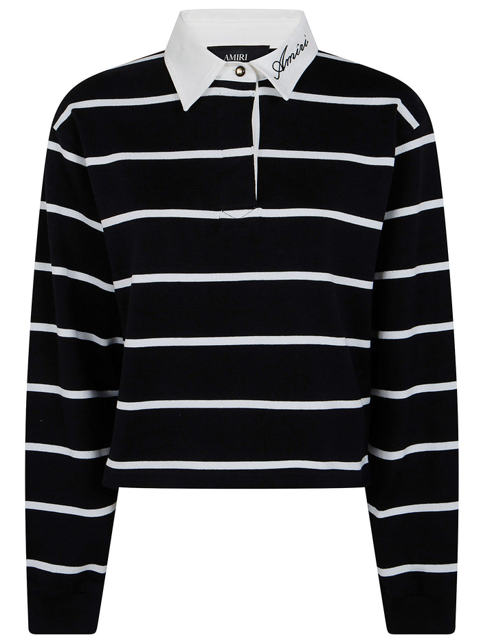 Amiri " Script" Stripe Crop Long Sleeves Polo Shirt