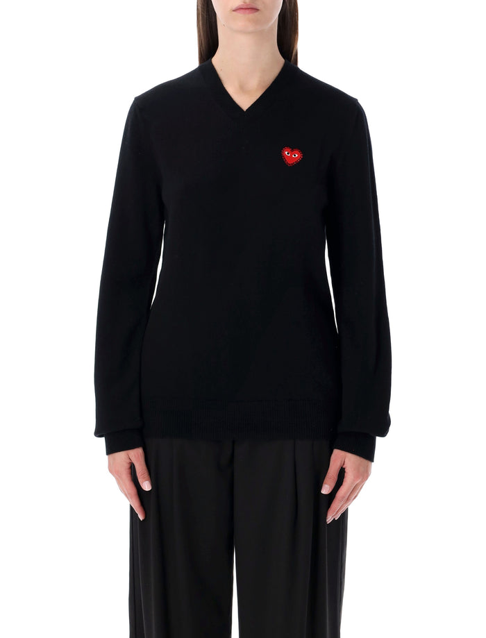 Comme Des Garçons Play Comme Des Garçons Play Wool V-Neck Sweater With Red Heart And Crystals