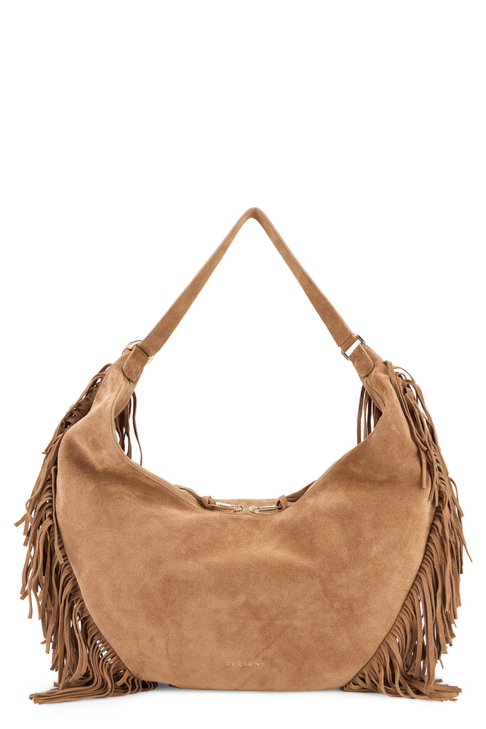 Orciani Island Peach Fringe Large Shoulder Bag In Suede