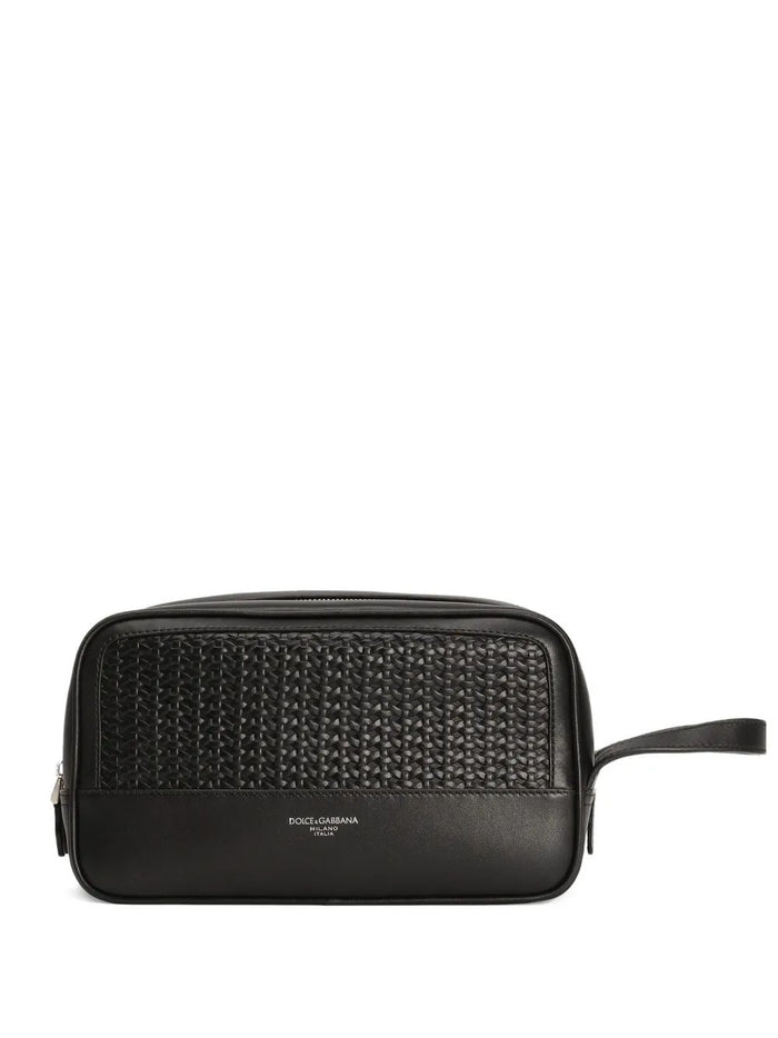 Dolce & Gabbana Atene Toiletry Bag In Plonge Calfskin Leather, Black