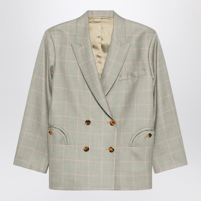 Blazé Milano Double-Breasted Beige Blazer With Pink Check Pattern