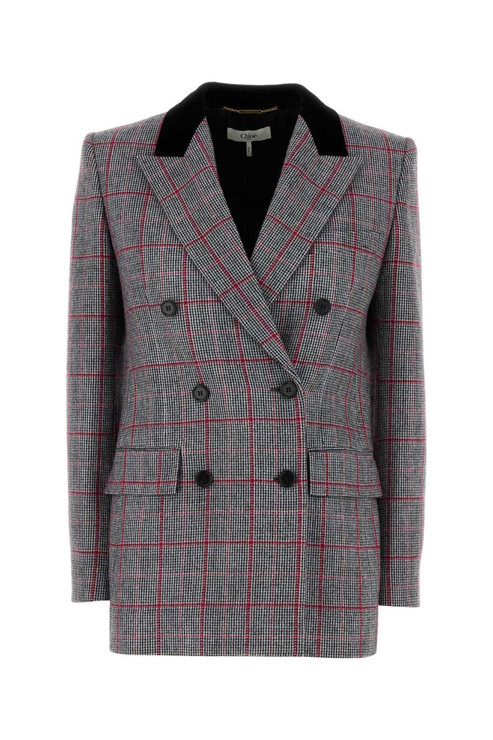 Chloé Black/White Checkered Wool Double-Breasted Blazer