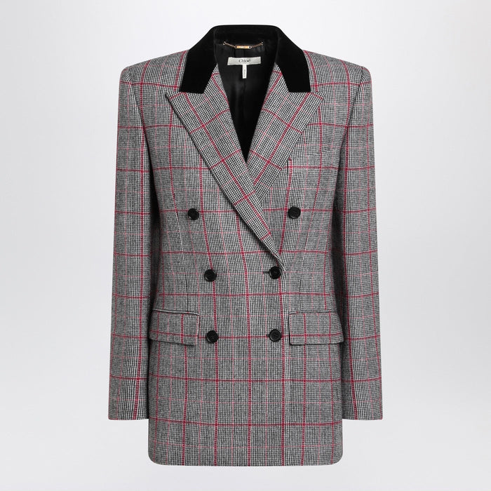 Chloé Black/White Checkered Wool Double-Breasted Blazer