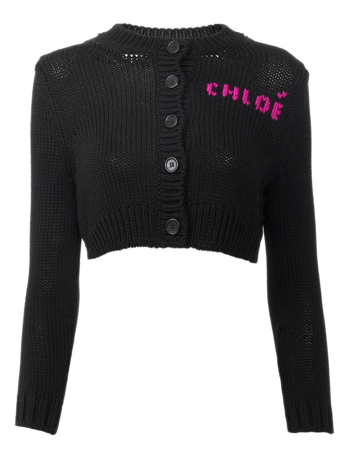 Chloé Short, Fitted Cardigan With Logo In Cotton Knit