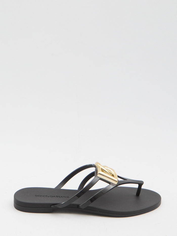 Dolce & Gabbana Flat Black Rubber Flip-Flop With Golden Logo