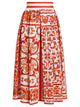 Dolce & Gabbana Highwaisted Maiolicaprint Poplin Pleated Skirt In Orange
