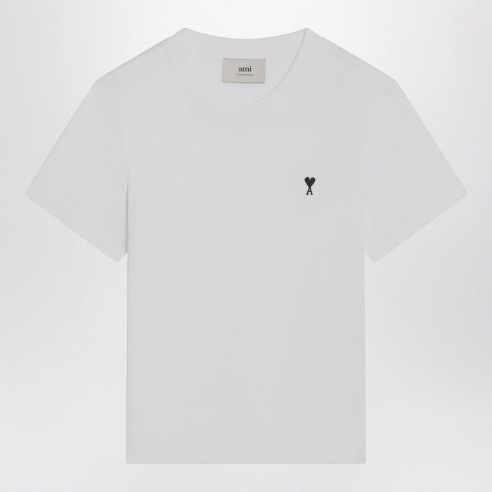 Ami Paris White Ss T-Shirt Black Embroidered Logo