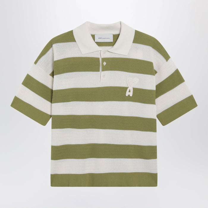 Ami Paris Ami De Coeur Striped Cotton Knit Polo Shirt