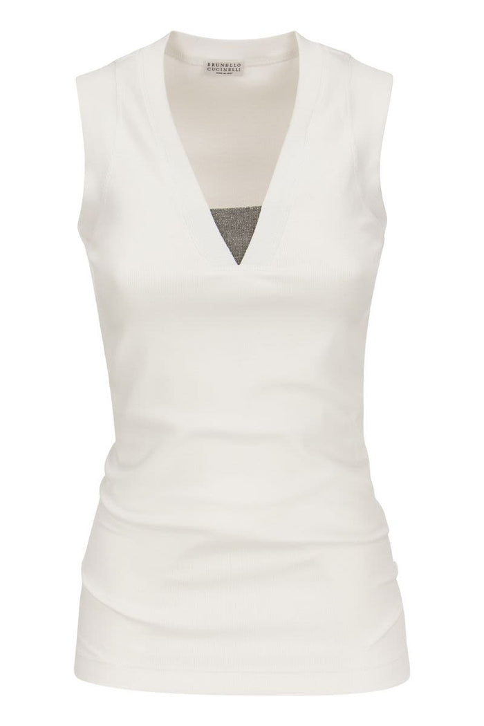 Brunello Cucinelli Stretch Cotton Rib Jersey Top With "Precious Insert"