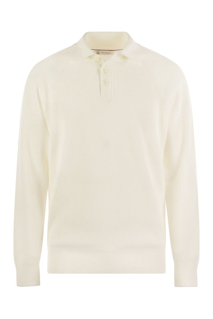 Brunello Cucinelli Cotton Rib Knit Polo Shirt With Long Raglan Sleeve