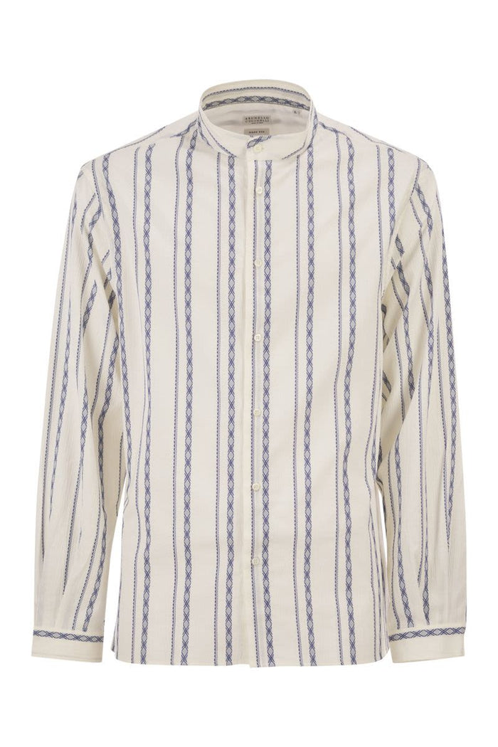 Brunello Cucinelli Easy Fit Shirt With Mandarin Collar And Geometric Embroidery