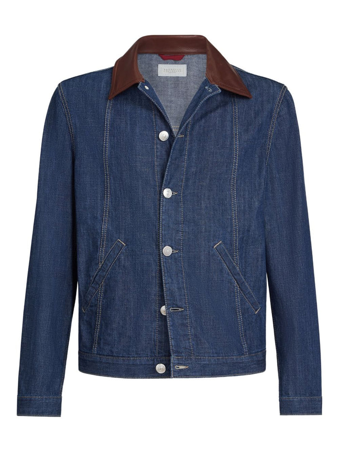 Brunello Cucinelli Blue Leather Collar Cotton Jacket