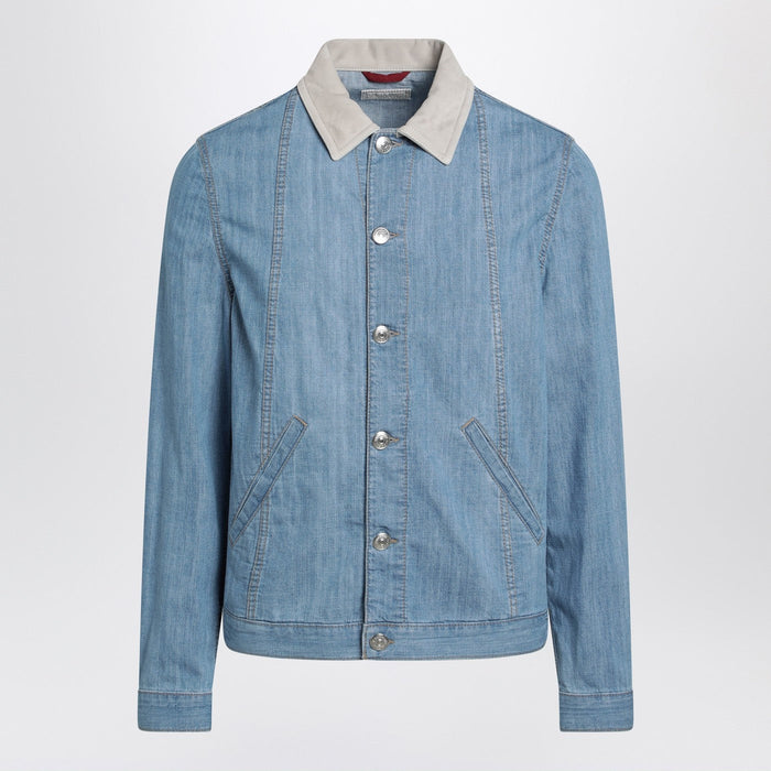 Brunello Cucinelli Blue Denim Jacket With Suede Collar