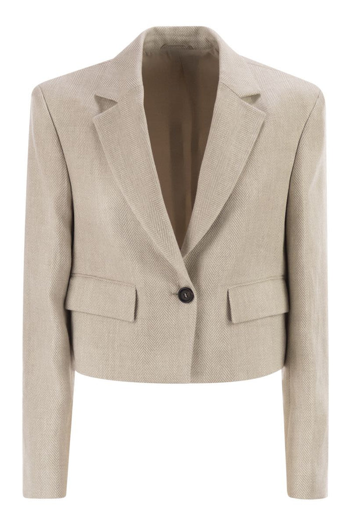Brunello Cucinelli Chevron Linen And Cotton Crop Jacket With Necklace