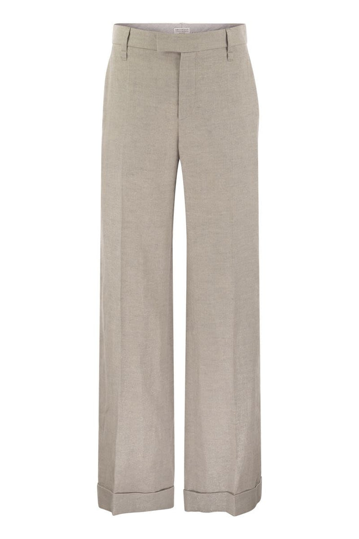 Brunello Cucinelli Flared Loose-Fitting Trousers In Sparkling Linen Twill With Necklace
