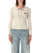 Miu Miu Crafted From 100% Ecru/Beige Cotton, This Miu Miu Waffle-Knit Long-Sleeve T-Shirt Features A Textured Waffle-Knit Finish, A Classic Round Neck, A Straight Hem, An Embroidered Logo Patch At Th