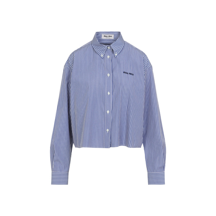 Miu Miu White And Cobalt Striped Cropped Shirt