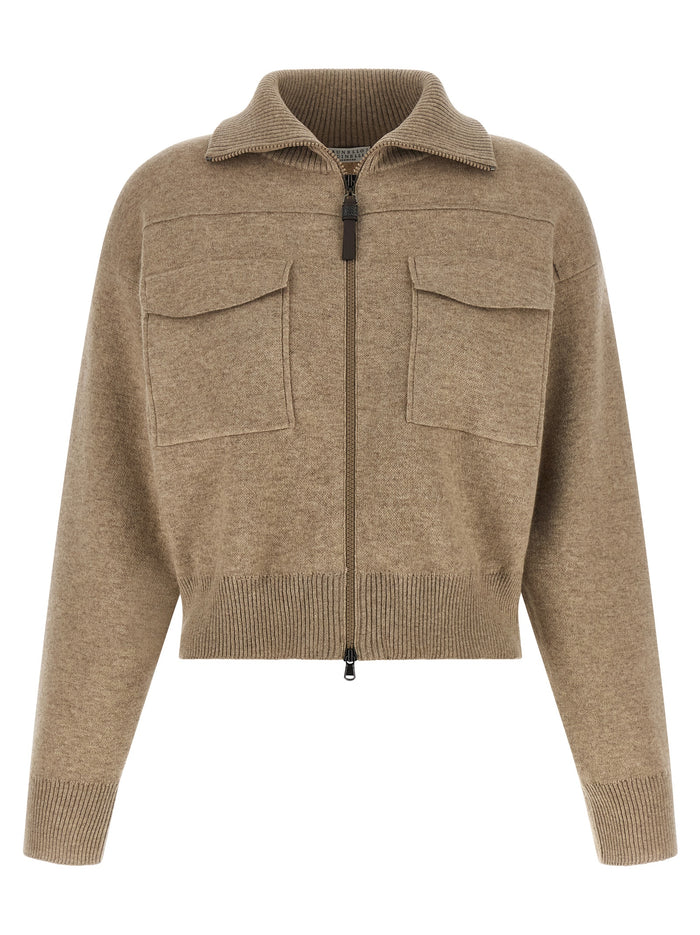 Brunello Cucinelli 'Shiny Zipper Pull' Wool Cardigan